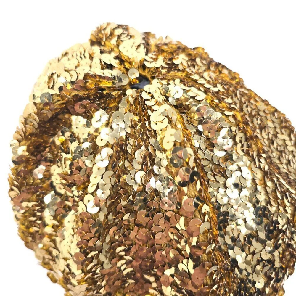 Vintage 70s 80s Gold Sequin Beret Slouchy Stretch - Picture 5 of 8
